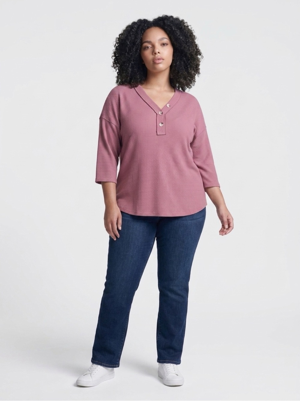 ANDREE BY UNIT Rose Waffle Knit Henley Top Size Large NWT